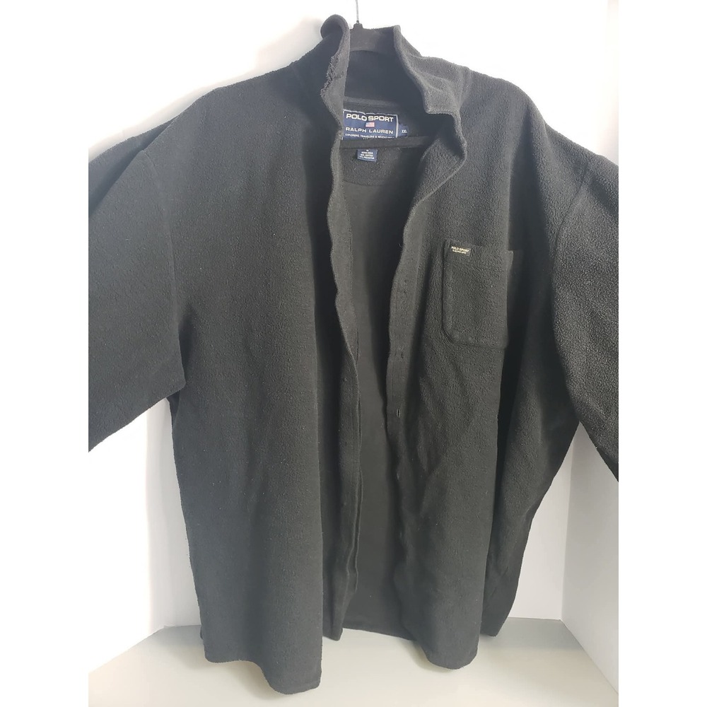 Vintage Polo Sport Ralph Lauren Black Fleece Button Up Shirt Jacket XXL